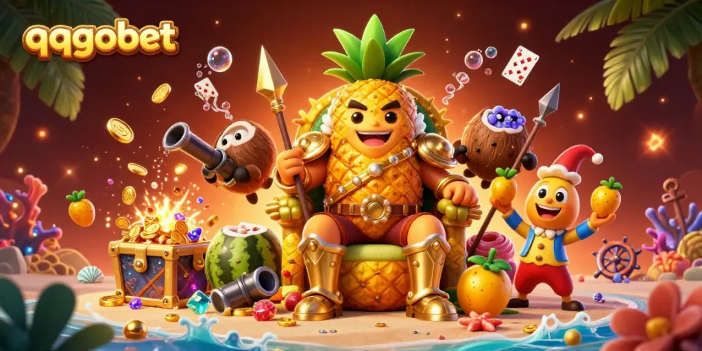 qqgobet menampilkan raja nanas emas 3D dan pengawal, dikelilingi harta karun kasino