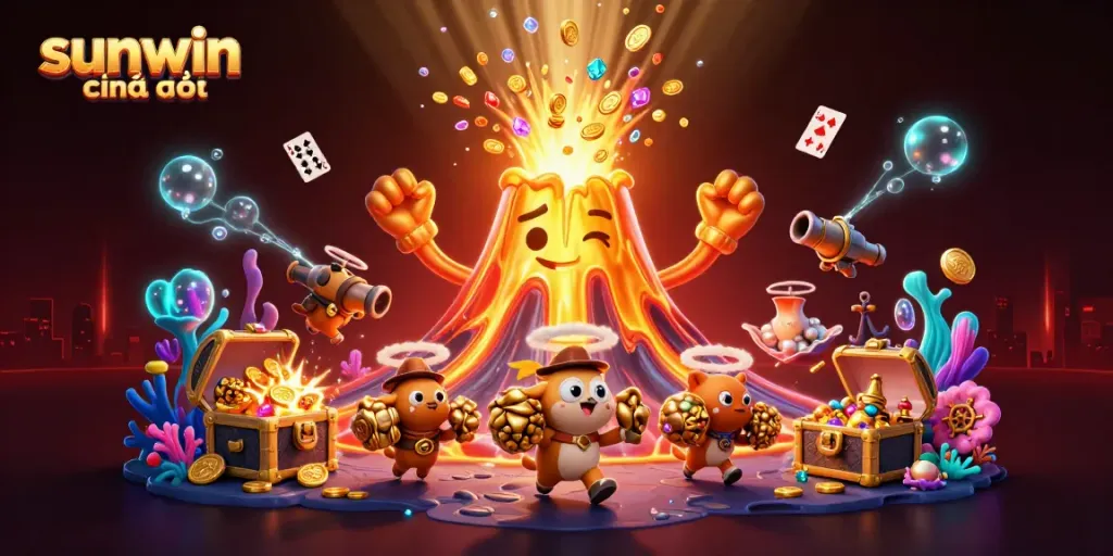 Experience the excitement of sunwin chính thức with a vibrant 3D casino scene full of treasures and games.