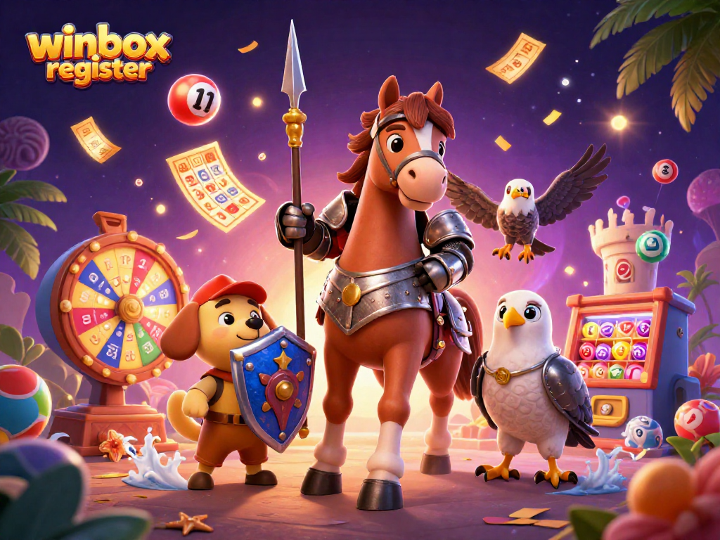 Join the winbox register journey with a knight, puppy, and falcon amidst vibrant lottery and casino elements.