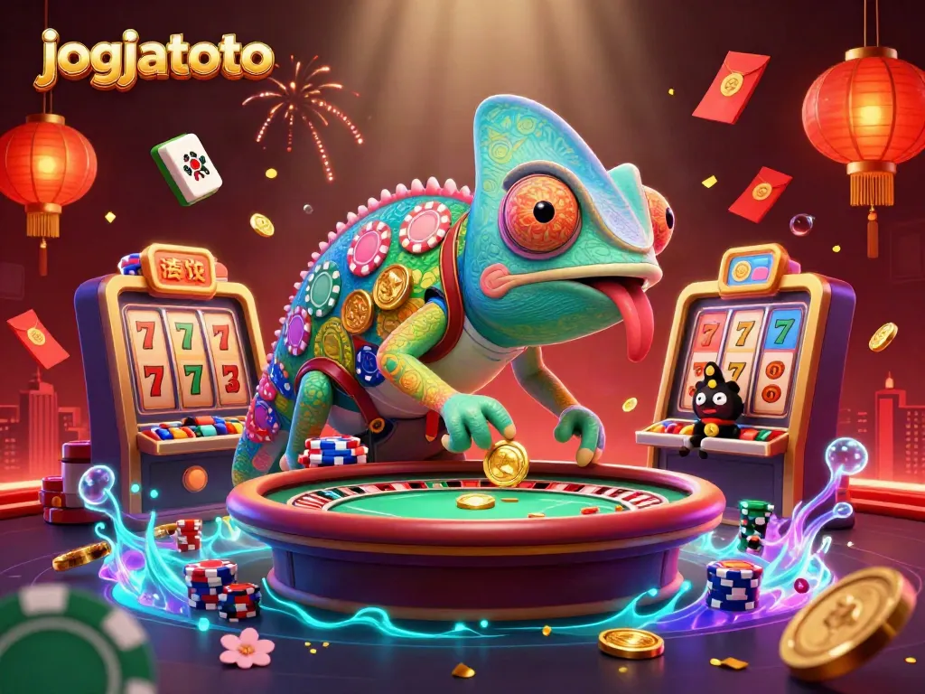 Experience the excitement of jogjatoto with this vibrant 3D illustration featuring a colorful chameleon casino owner.
