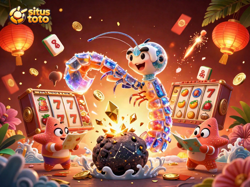 Karakter situs toto yang menakjubkan dengan samurai mantis dan slot yang berkilauan penuh keberuntungan.