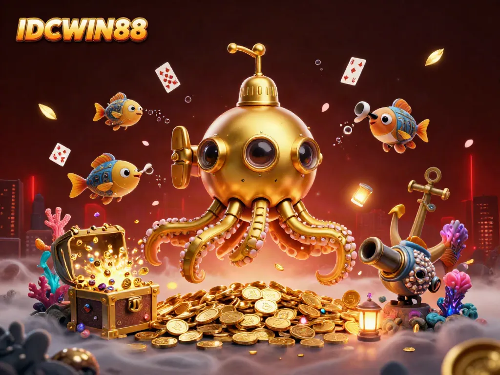 Experience the thrill of IDCWIN88 with a golden kraken submarine and mechanical fish amidst gold coins and casino elements.