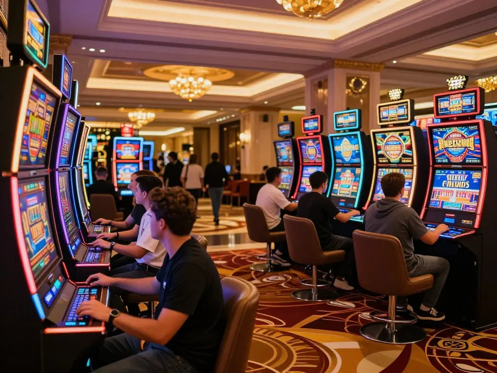 Players engaging with vibrant slot online machines in a luxurious casino lobby, highlighting excitement and fun.