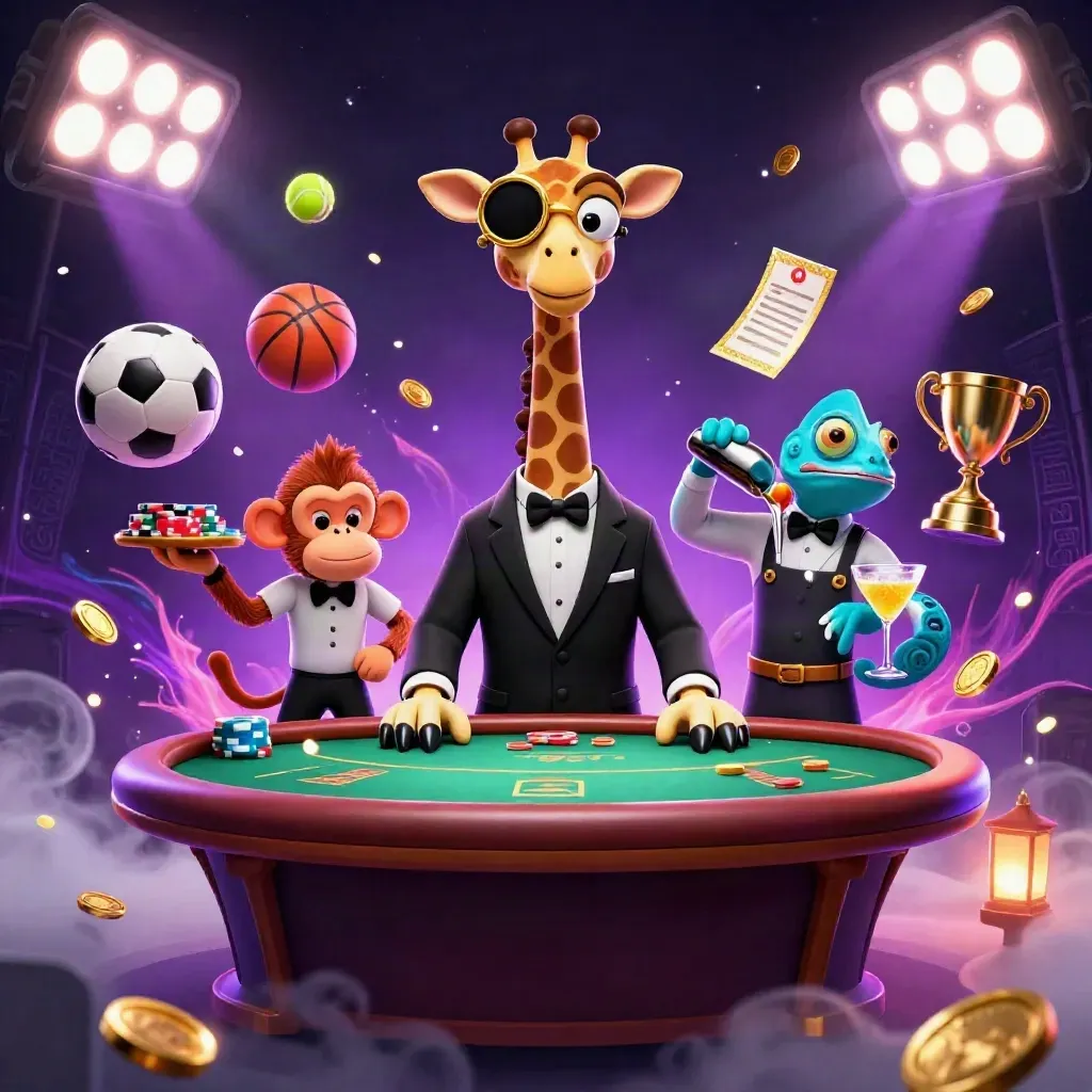 Giraffe, monyet, dan bunglon di meja poker, bola olahraga melesat di cahaya kasino.