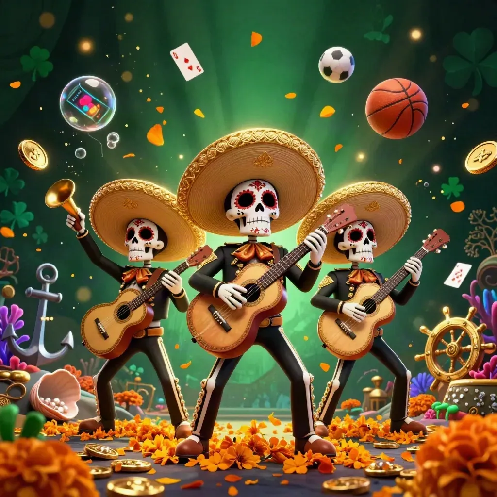 Tiga kerangka mariachi 3D di cove bawah laut, dikelilingi koin, bola, dan kartu.