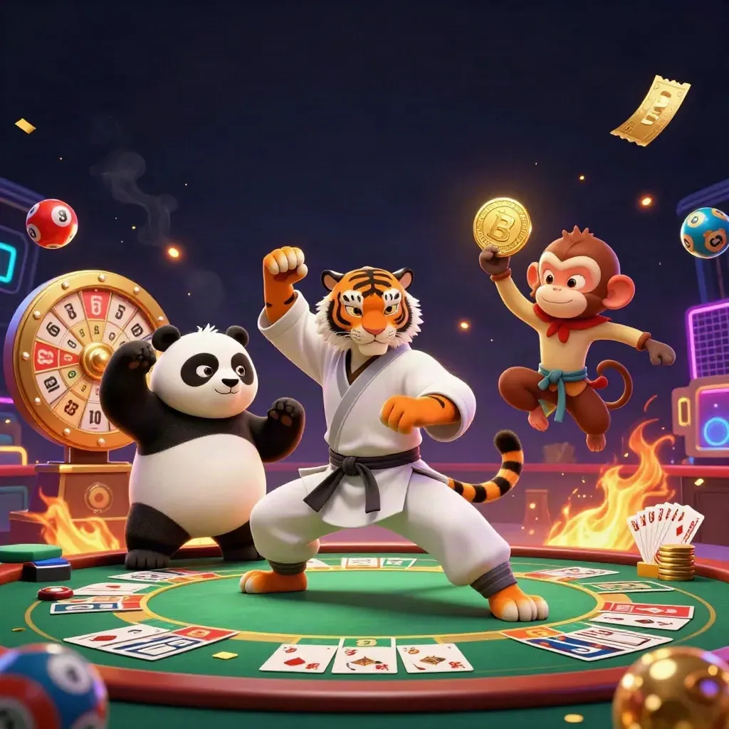 Harimau kung-fu, panda, dan monyet di meja poker emas dengan efek neon dramatis