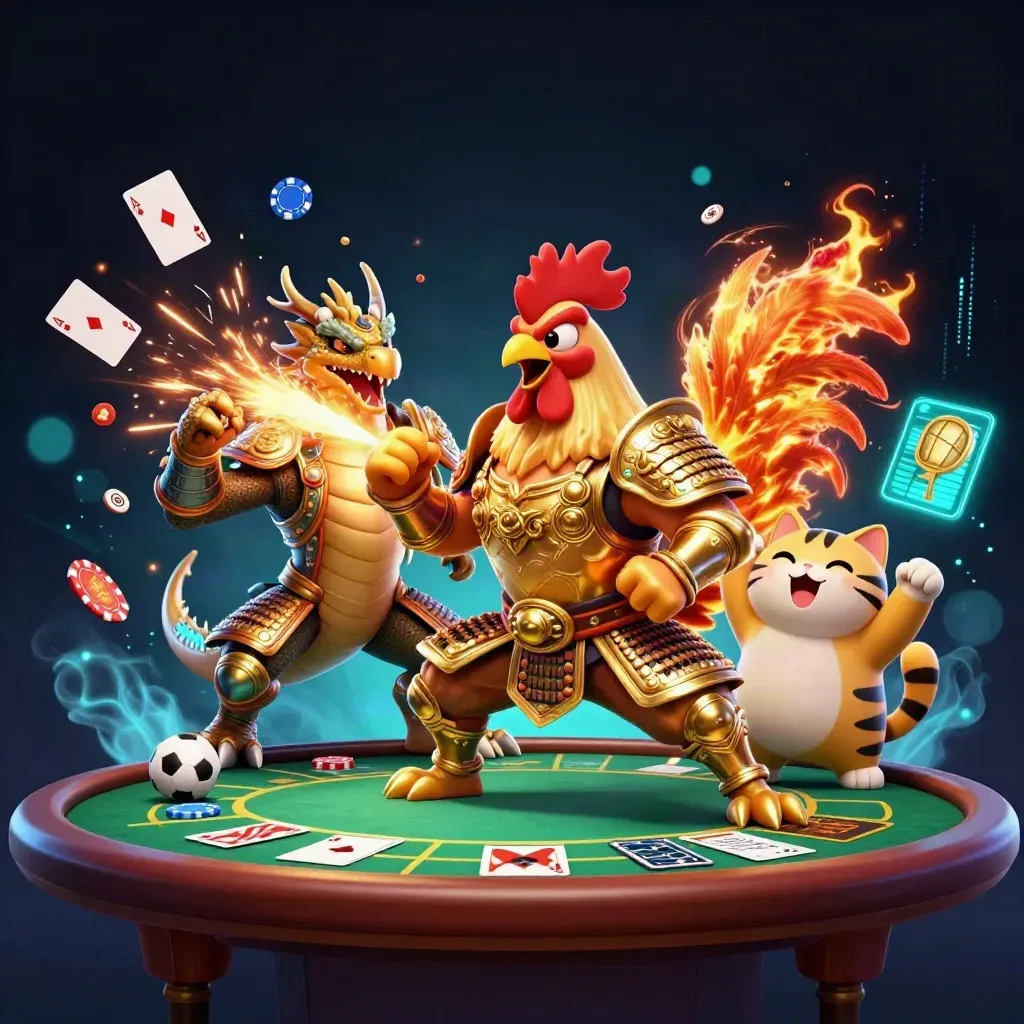 Ayam samurai, naga kecil, dan kucing hoki di meja poker, chip dan bola melayang.