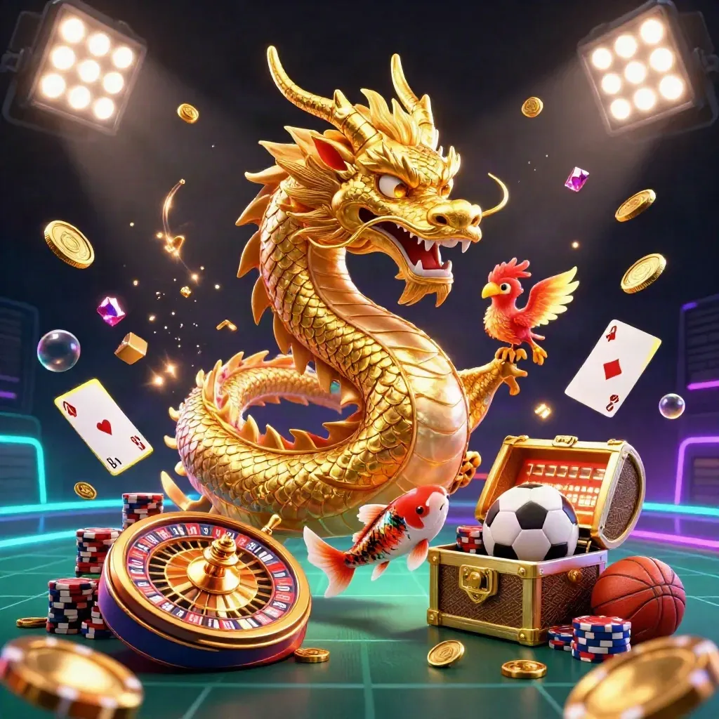 Naga emas 3D, phoenix, koi, kartu poker, koin, bola, dan chip kasino neon di latar gelap.