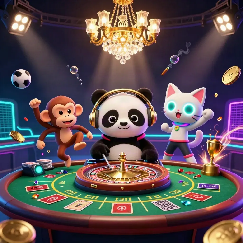 Panda DJ, monyet breakdance, dan kucing glow-stick di kasino neon mewah.