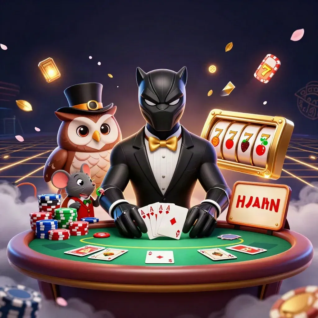Panther tuxedo, burung hantu, dan tikus bermain poker dengan chip dan kartu meledak.