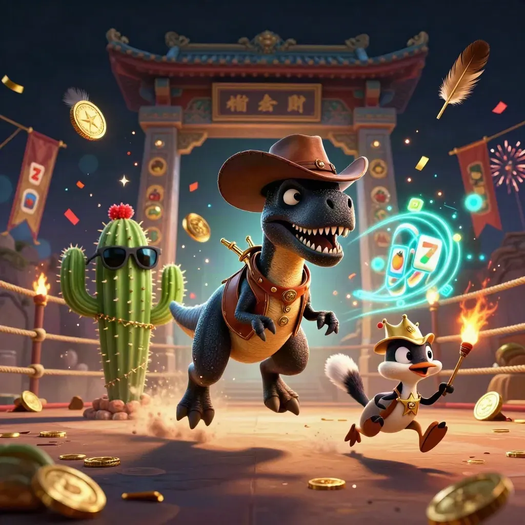 T-Rex koboi, kaktus, dan roadrunner di arena harta dengan ledakan emas.