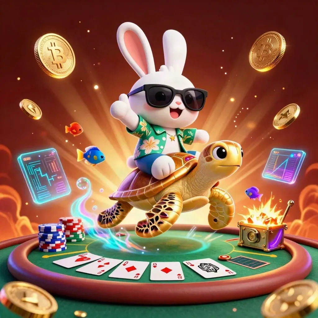 Kelinci kartun naik penyu emas, kartu poker, koin neon, petir, dan efek kasino mewah gelap.