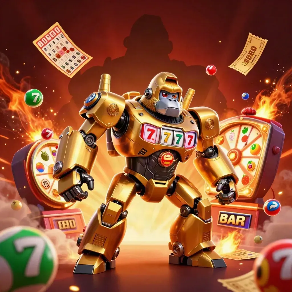 Gorila mech emas dengan pilot monyet, bola lotre, wheel, tiket, dan percikan api kasino.
