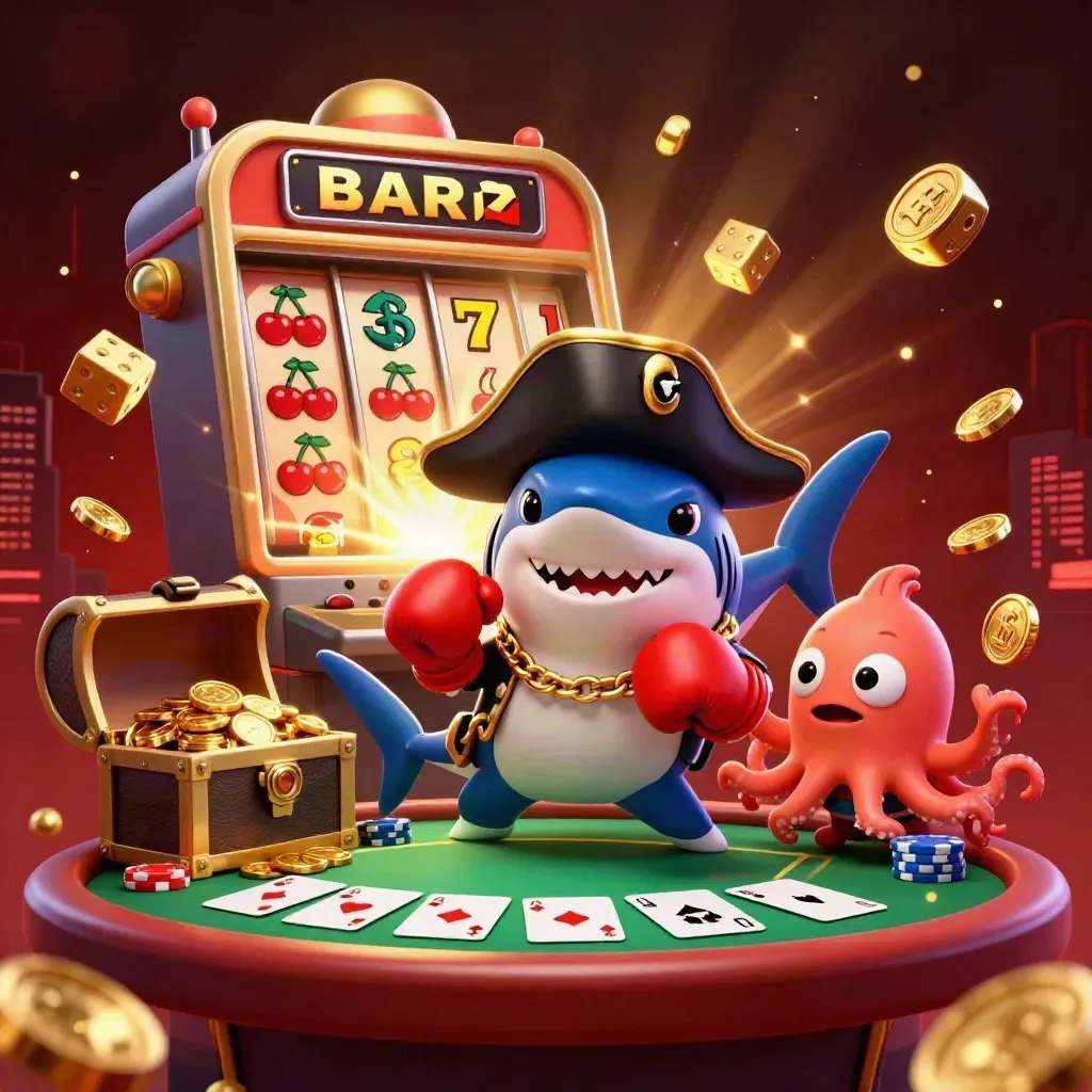 Hiu bajak laut, ikan buntal, dan gurita kecil dikelilingi koin emas, slot, dan meja poker.