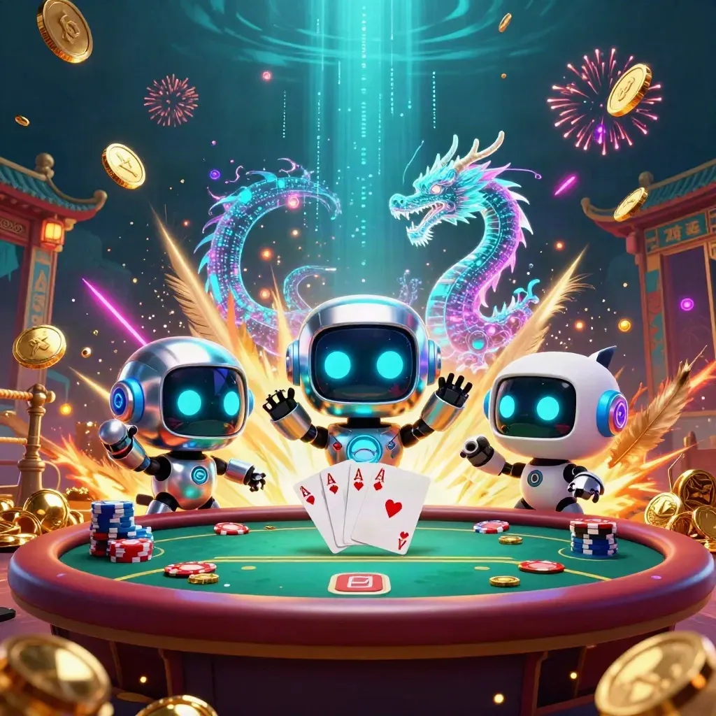Robot cyberpunk, naga hologram, drone koin, meja poker, kuil, koin emas di laut gelap
