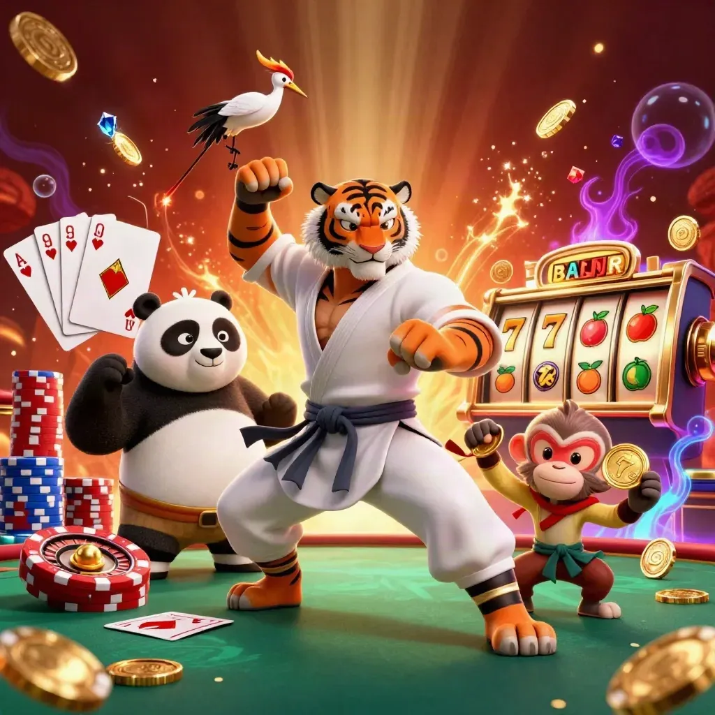 Harimau kung-fu, panda, dan monyet di tema kasino emas-hitam yang mewah
