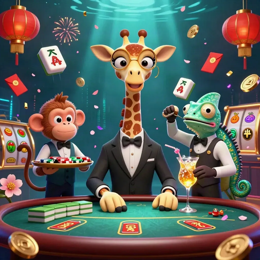 Giraffe poker mewah, monyet valet, dan bunglon bartender di meja kasino emas hijau.