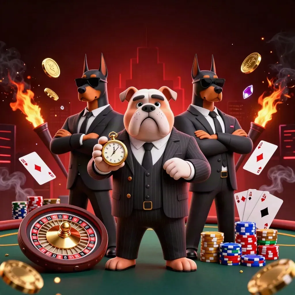 Bulldog bos mafia dan dua doberman dikelilingi chip, koin emas, kartu poker, dan cahaya neon.