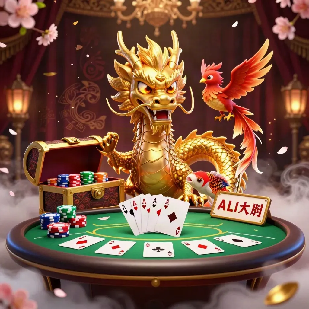 Naga emas, phoenix kecil, koi, dan kartu poker di latar kasino mewah bernuansa emas hijau.