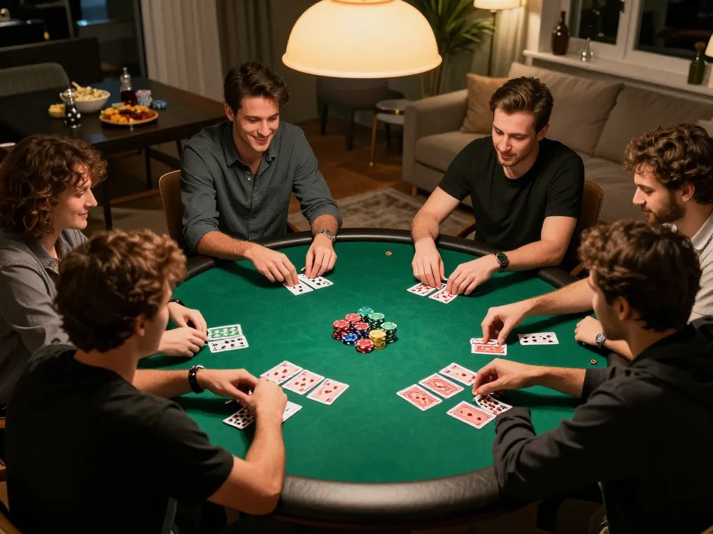 Engage in a dynamic home poker night where friends play cards with a competitive spirit, showcasing the vibrant atmosphere of gambling.