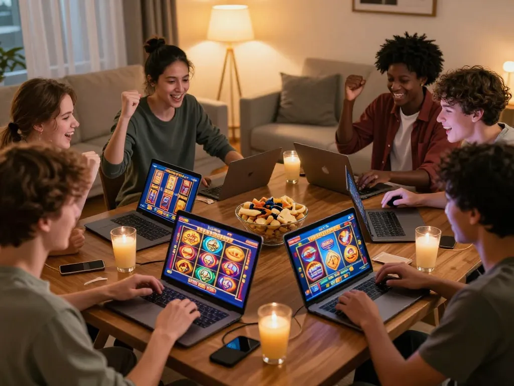 IDCASH88 Daftar with players enjoying online slots at home, showcasing vibrant graphics and excitement.
