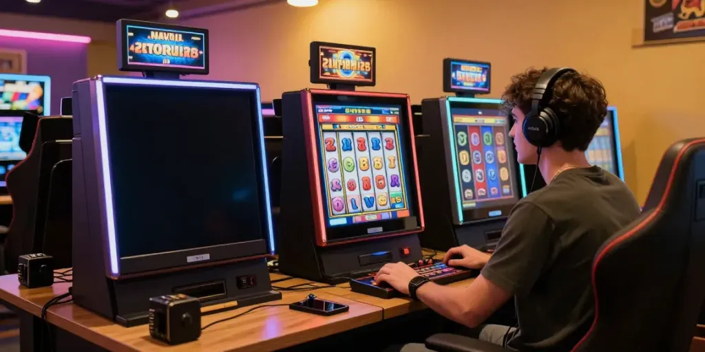 Pengalaman bermain slot online di NAGAHOKI303 dengan tampilan reel berwarna-warni dan suasana gaming yang energik.