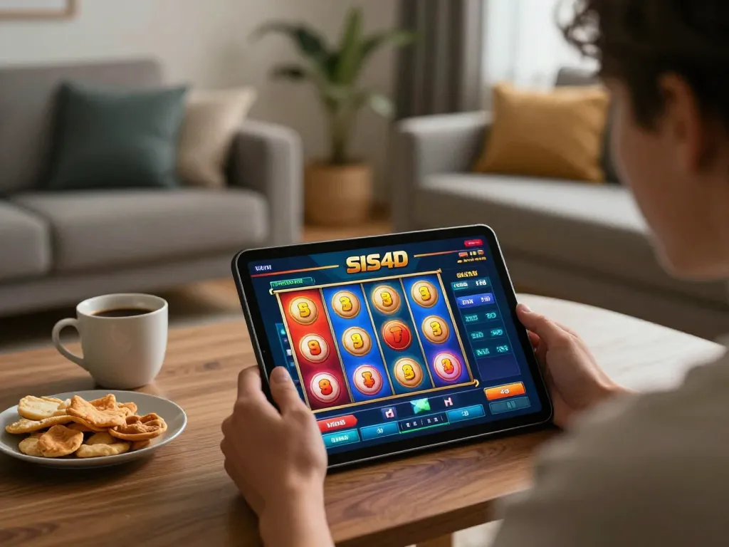 SIS4D slot action on tablet showing vibrant game interface in a cozy home gaming setup