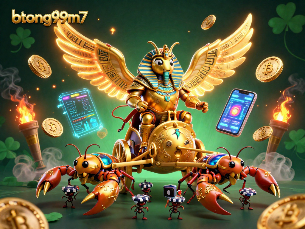 Engage with bong99m7 in this vibrant casino scene featuring golden scarabs and crypto elements.