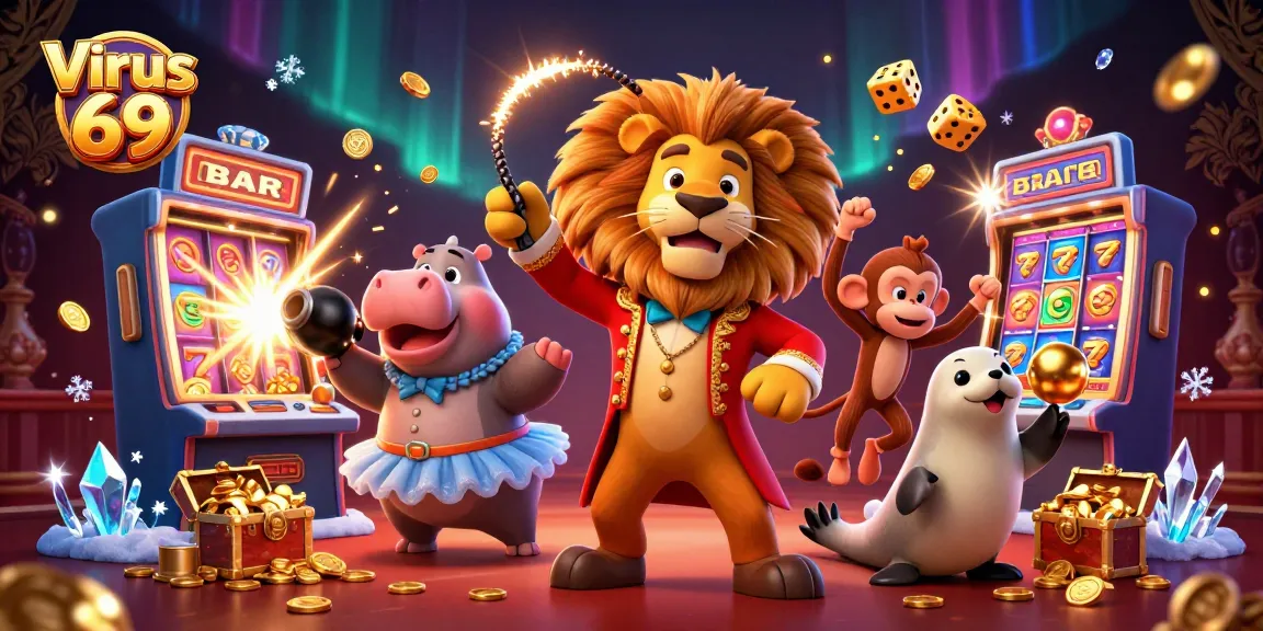 Experience the thrill at Virus 69 with a vibrant 3D casino illustration featuring lively characters and dynamic gaming elements.