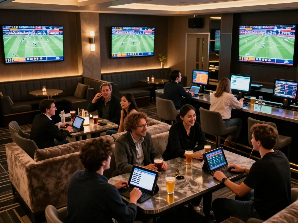 cm88 bettors placing wagers in an elegant sports betting lounge with sleek decor.