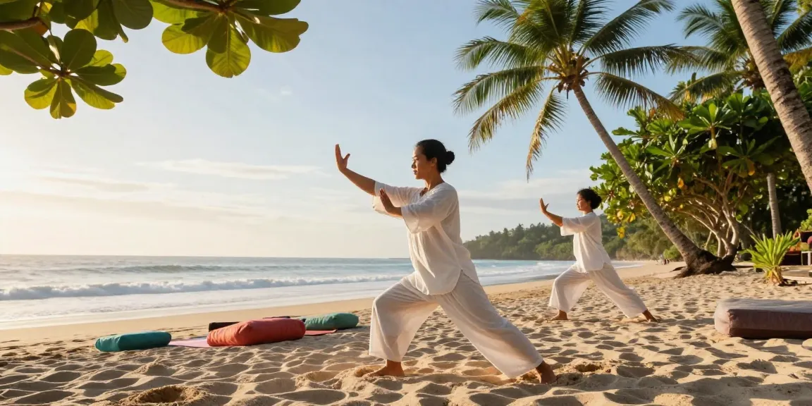 Practitioner performing Qi Gong Bali on a tranquil beach, showcasing serene movements and natural beauty.