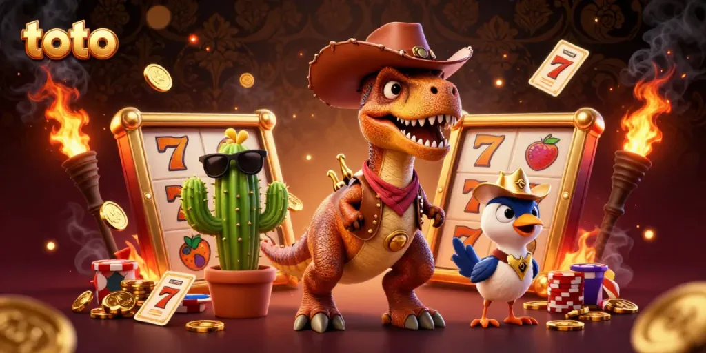 Memperoleh jackpot dengan toto slot, dinosaur T-Rex beraksi di kasino yang ramai penuh koin emas.