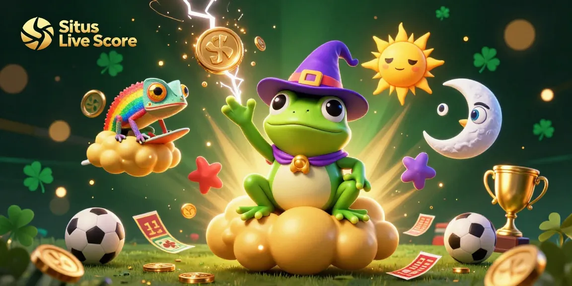 Situs Live Score highlights thrilling sports betting with lively characters surrounded by dynamic game elements and golden coins.