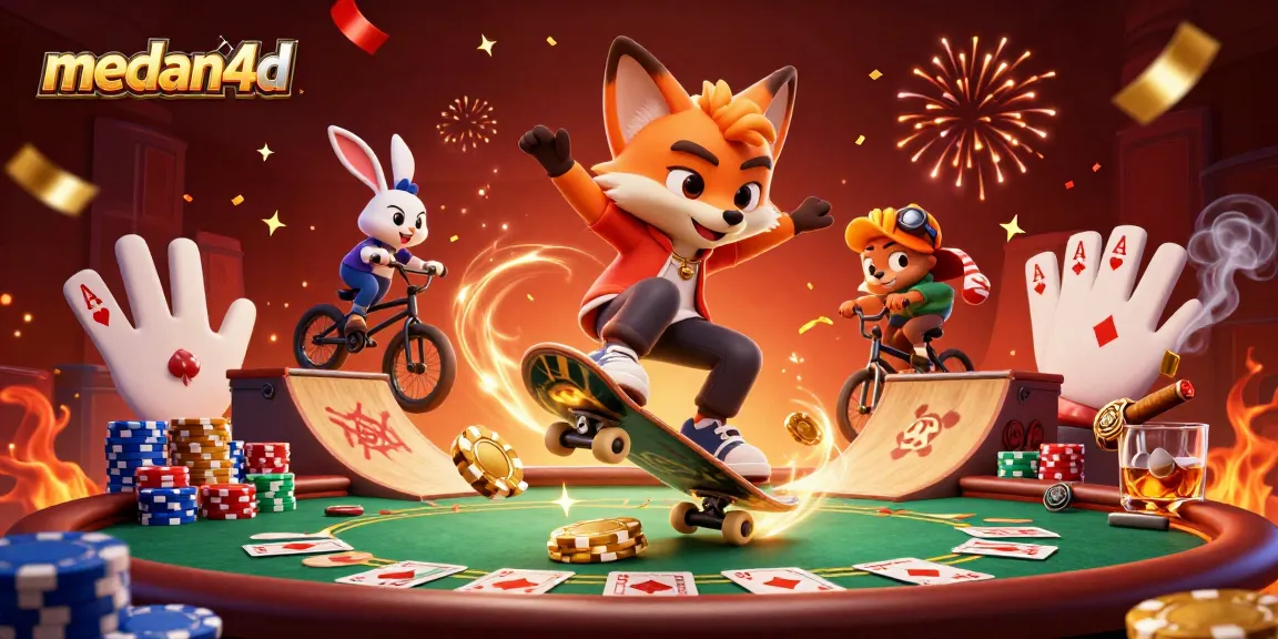 Permainan kasino medan4d menampilkan rubah skateboard 3D dan kelinci BMX beraksi di atas chip poker.