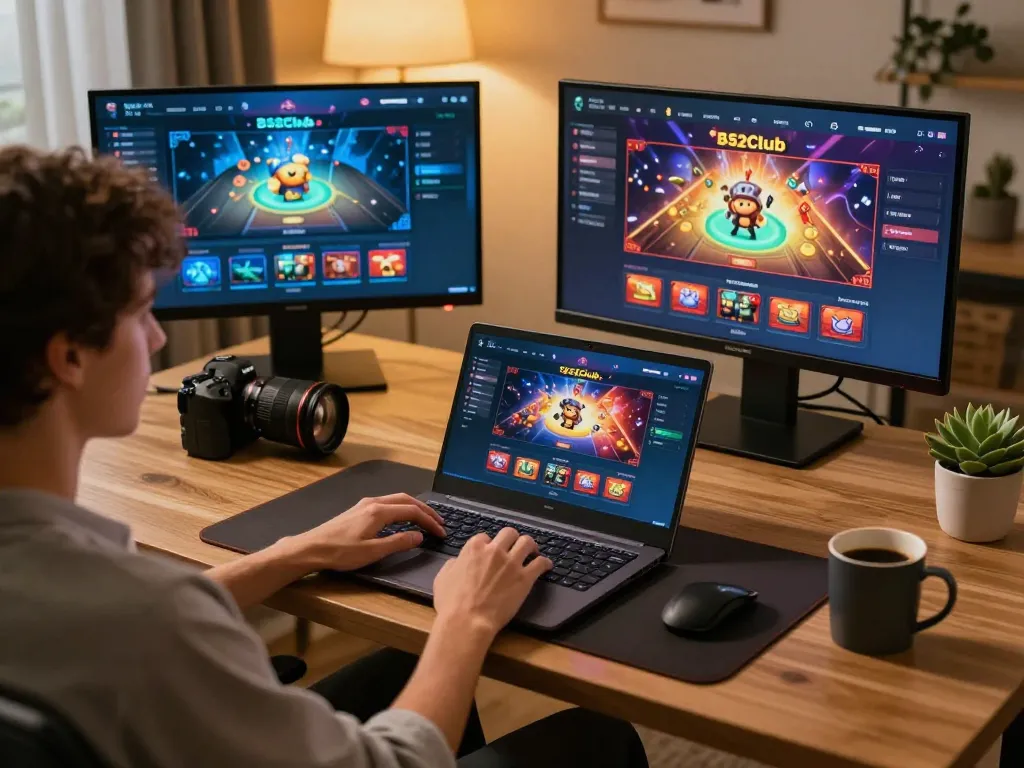 B2club user engaging in online gaming at home with a stylish setup and warm ambiance.