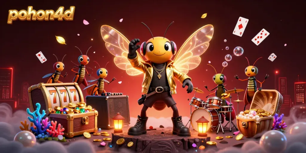 Pohon4D animated casino illustration featuring a cicada rock star with golden elements, immersed in a vibrant gambling scene.
