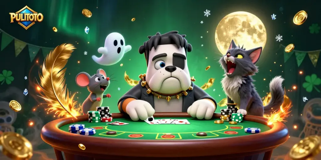 PULITOTO showcases a vibrant poker scene with unique characters, symbolizing gaming excitement and strategy.