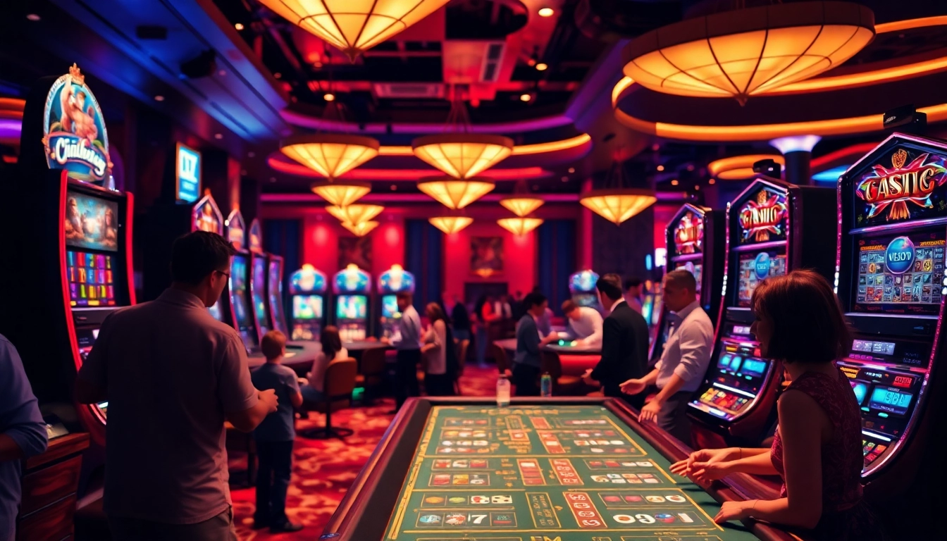 Aktivitas seru di casino afktoto dengan pemain terlibat di mesin slot dan meja permainan.