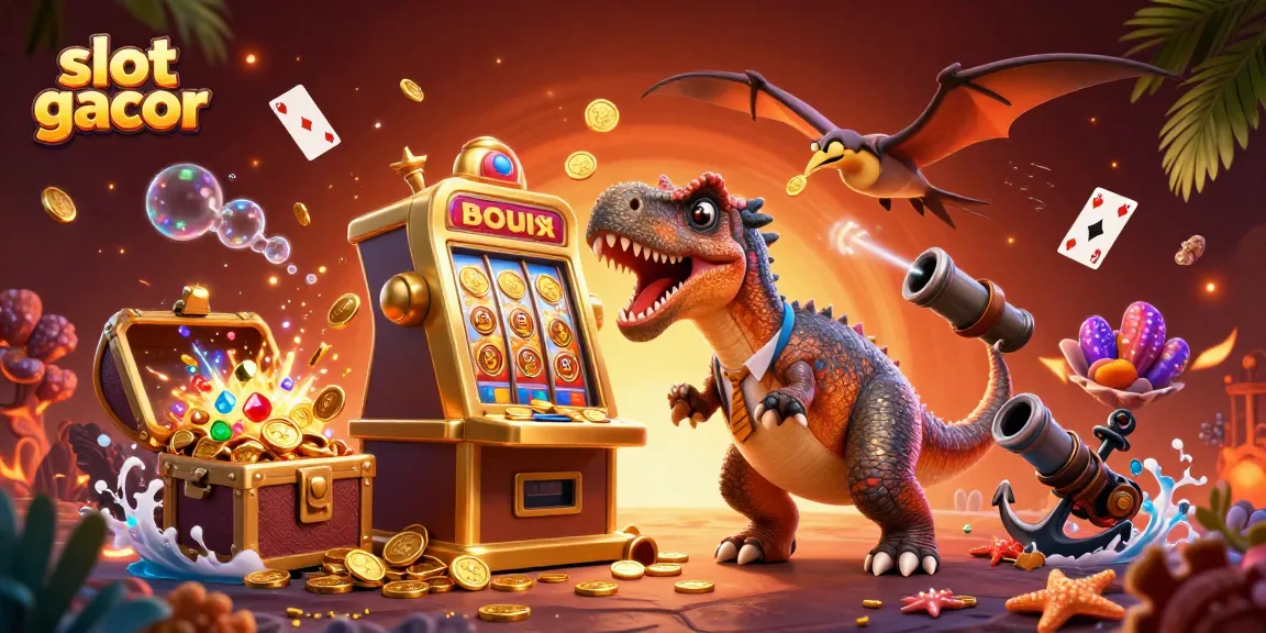 Menangkan slot gacor dengan ilustrasi dinosaurus menghidupkan mesin slot berkilau.