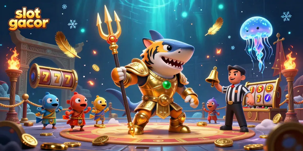 Menggiring slot gacor di koloseum bawah laut dengan hiu kartun garang dalam armor gladiator emas