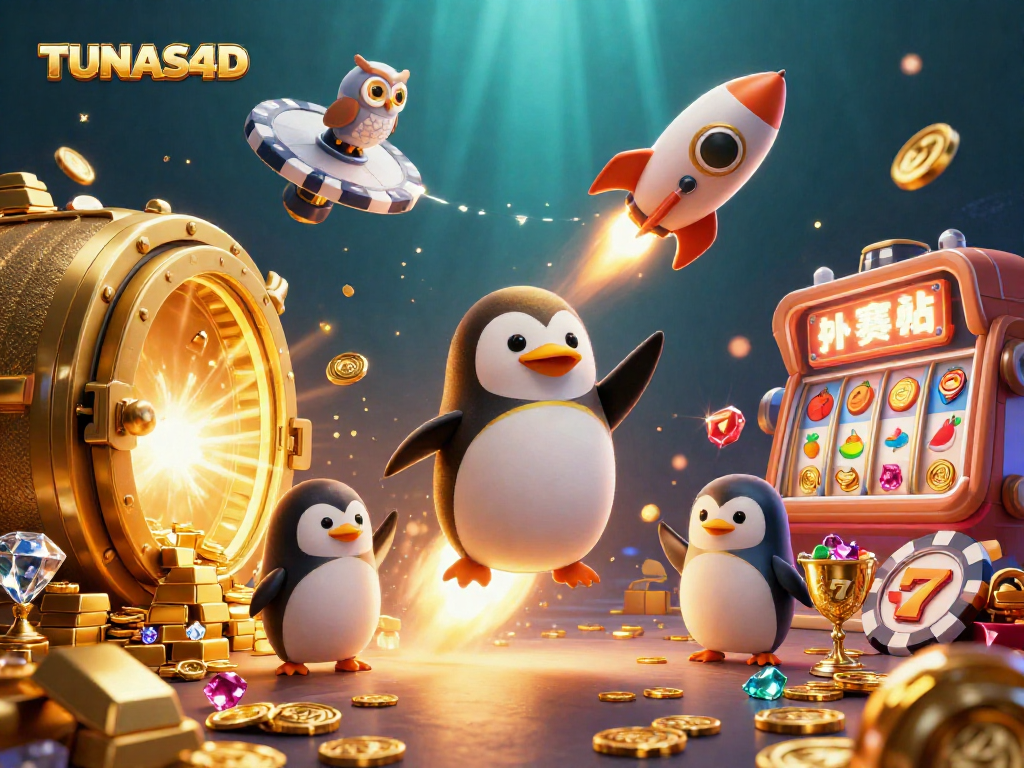 Engaging TUNAS4D slot game scene with a golden penguin and treasure elements showcasing vibrant casino excitement.