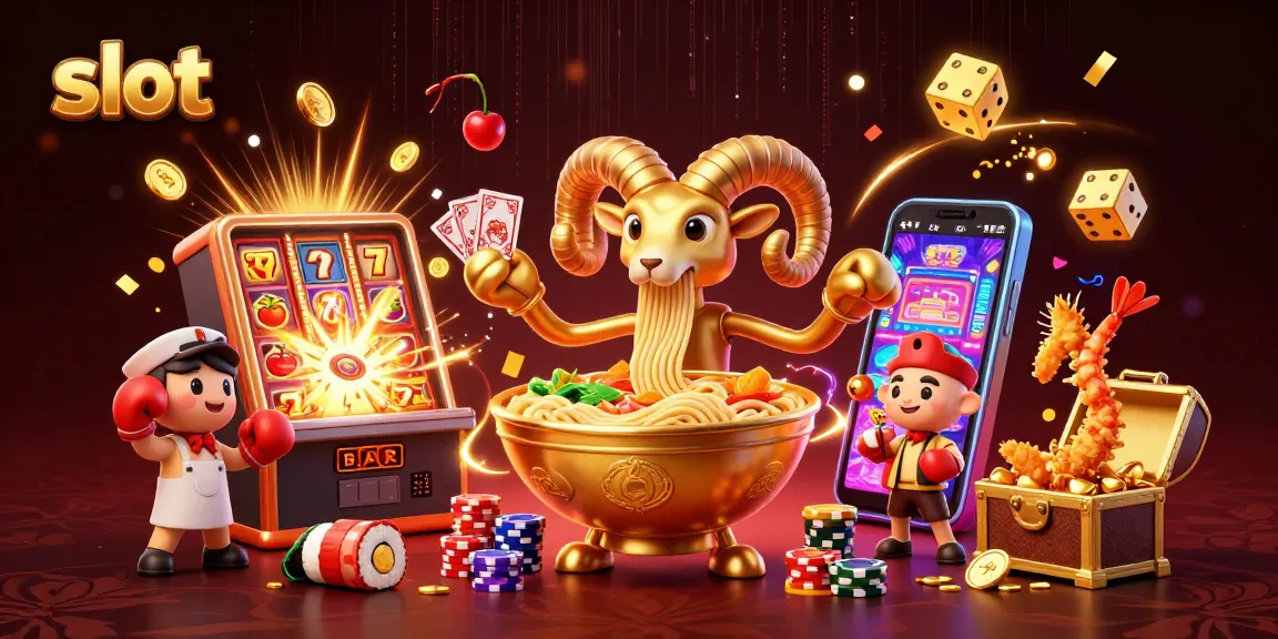 Engage with an exciting slot game scene featuring a vibrant illustrated golden ramen bowl and cheering tempura shrimp.