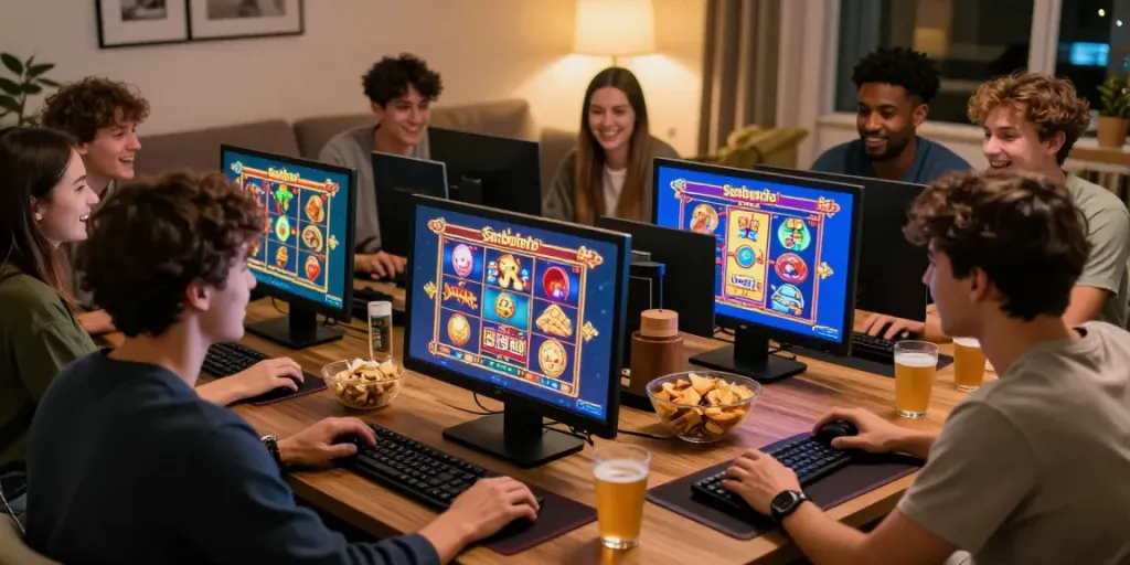 Friends enjoying online slot games on Seributoto, vibrant room atmosphere.