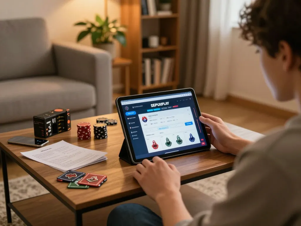 Engaging in online gambling with SEPUHPLAY on a tablet, showcasing strategic gameplay moments.