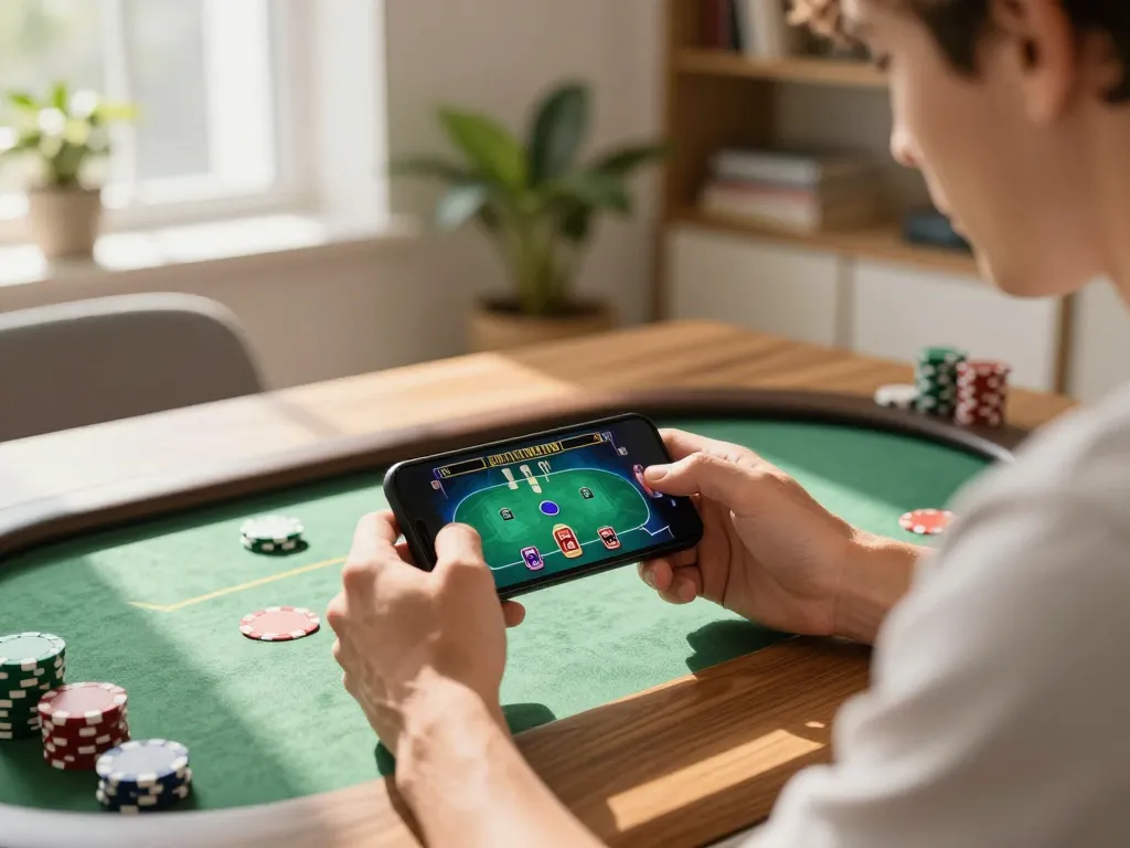 Khoảnh khắc hấp dẫn của một người chơi sử dụng 12bet trên di động cho một ván bài poker chiến lược.