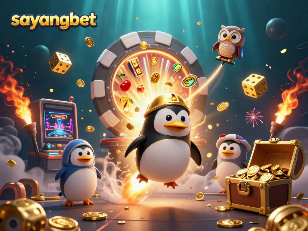 Experience the thrill of sayangbet with a golden penguin racing to a casino chip station amidst a vibrant jackpot explosion.