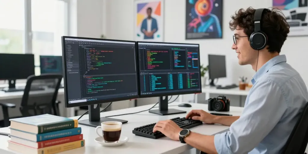 Developer coding in a bright tech workspace with dual monitors showcasing data visualization and intricate code related to jebol wd.