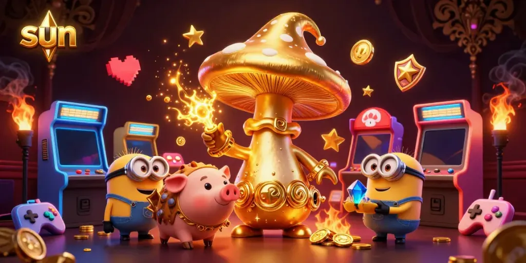 Experience casino magic with the sun wizard and treasure-seeking companions in this vibrant 3D illustration.