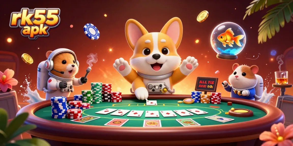 Engage with rk55 apk in a lively casino scene featuring cartoon characters and poker elements.