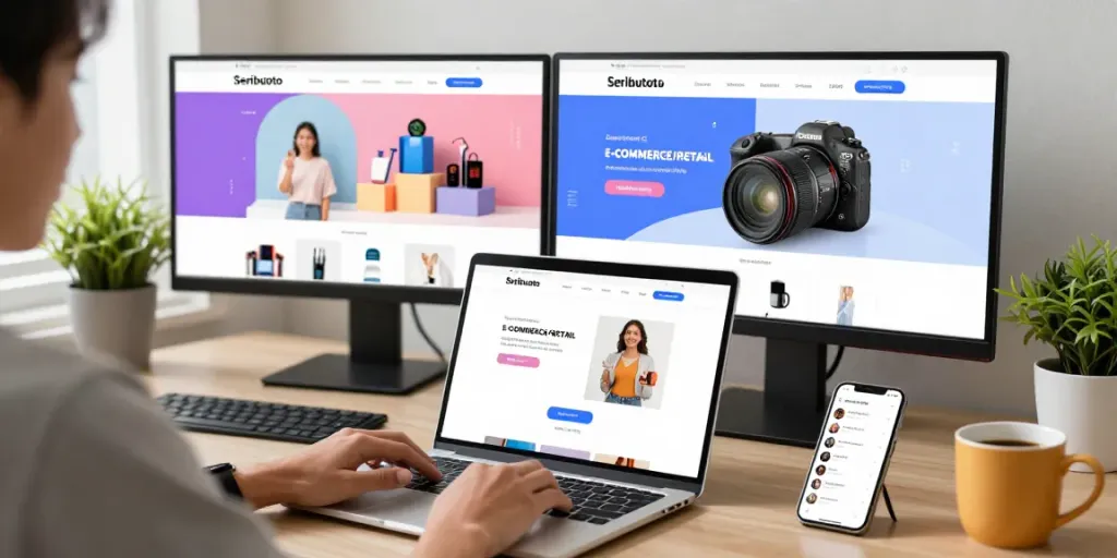 Proses Seributoto Login dengan pengguna di meja kerja, fokus pada pengalaman belanja online.